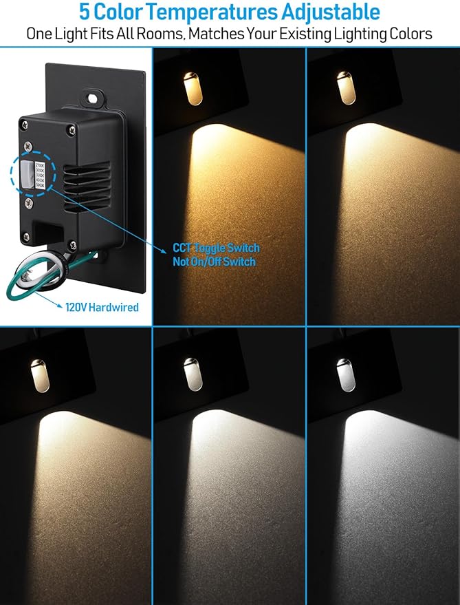 LEONLITE 5CCT 120V LED Step Light, Dimmable Pin Hole Stair Lights Indoor, Anti-Glare 30° Streamlined Lighting Effect for Staircase Bedroom, CRI90, 5 Color Temperature, ETL, Black, Horizontal, 6 Pack