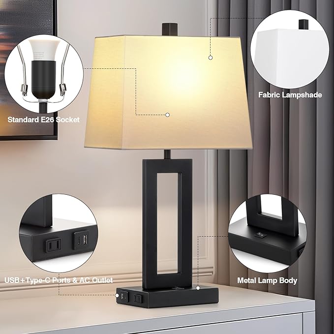 Table Lamp Set of 2 with USB C+A Ports & AC Outlet, Bedside Lamps, Modern Bedroom Lamps, Black Lamps for Bedroom Living Room,Nightstand Lamp（Push Button Swich/NO dimming
