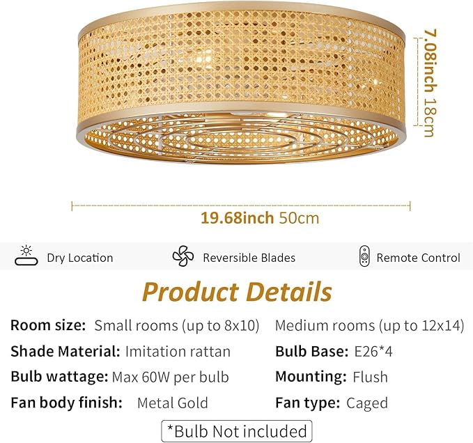 Boho Caged Ceiling Fan with Light, 20'' Rattan Flush Mount Ceiling Fan with Light and Remote Control for Bedroom Kitchen Living Room