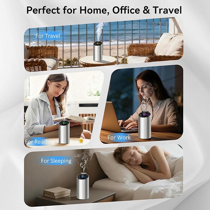 Waterless Essential Oil Diffuser Aromatherapy Scent Diffusers for Home Large Room, Bedroom, Car, Office, Desk, Battery Operated Mini Portable Air Freshener, 3 Countdown Timers & 3 Mist Levels, Silver
