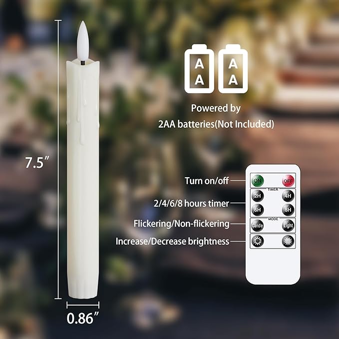 Flameless Flickering Taper Candles Two Remote, 7.5 Inch Ivory Battery Operated LED Window Candles Timer,Set of 8 Plastic 3D-Wick Dripping-Wax Effect Flameless Candlesticks(0.86”Dia,Warm Fire)