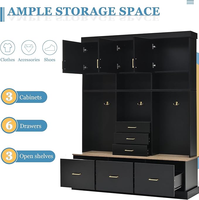 Amposei Hall Tree with Storage Bench & Coat Rack 58’’W Modern Tall Entryway Oranizer Cabinet with 6 Drawers, 3 Metal Hooks for Living Room Hallway Mudroom, Black