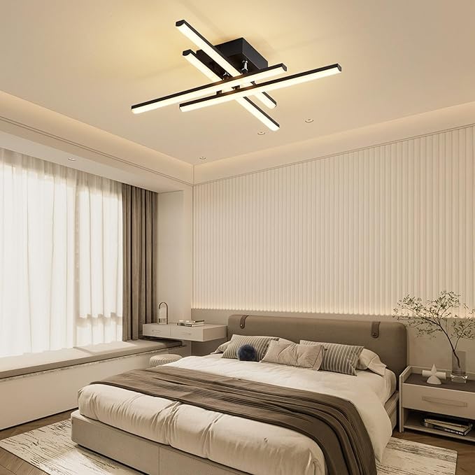 Modern LED Ceiling Light with Remote, Dimmable 24in Ceiling Lights for Bedroom Living Dining Room Kitchen, Black Flush Mount Ceiling Light Fixture LED Chandelier Ceiling Lamp (4-Light, 2000lm)