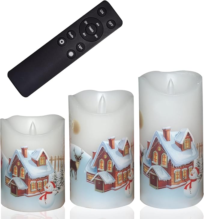CANDLE CHOICE Christmas Flameless Candles with Remote Timer Real Wax Realistic Flickering Battery Operated Electric LED Pillars with Decals Reindeer Snowman Xmas Tree for Holiday Decorations 3 Pack