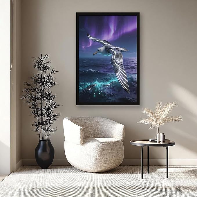 Framed Steampunk Mechanical Seagull Wall Art - Aurora Ocean Retro Poster for Bedroom Game Room Decor 12x18in
