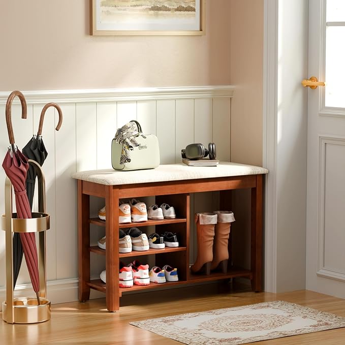 Shoe Rack Bench, Solid Wood Entryway Bench with Cushion and Flip-Top Storage, Adjustable Shelf, Shoe Organizer Bench for Front Door Entrance, Hallway, Living Room, Mudroom (Beige, 31.5" L)