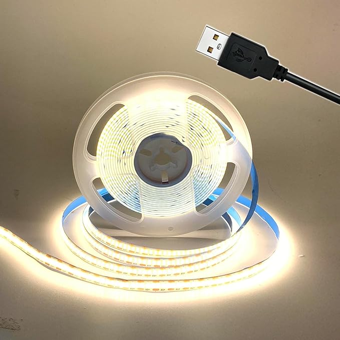 DC5V COB Led Light Strip with USB Power Supply 300LED/m Flexible Lighting Natural White for Display Cabinet, Living Room,DIY Home COB Lighting Decor tv Lights (Natural White, 2M)