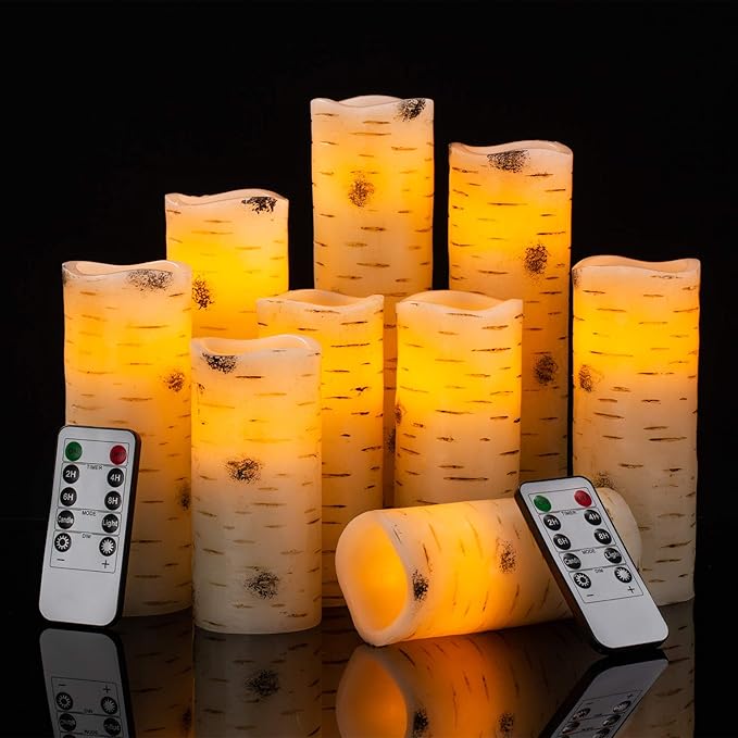 Flameless Flickering LED Candles with Birch Bark Effect - Set of 9 Battery-Operated Real Wax Pillar with 10-Key Remote Control - 2/4/6/8 Hour Timer