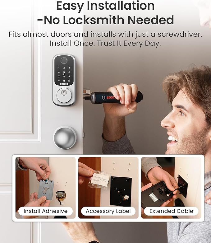 DESLOC B200 Fingerprint Smart Lock with 2 Knobs, Keyless Entry Front Door Lock Set, Electronic Keypad Deadbolt, App Control, Auto Lock, Long Battery Life,Silver