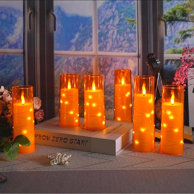 Flameless Candles with Embedded Star String, Battery Operated LED Pillar Candles with Timer and Remote Control,Home Decorating for Ambiance, Set of 7 (Orange)