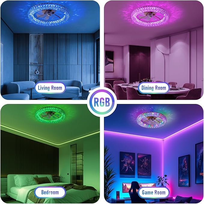 RGB Ceiling Fans with Lights, 22" Low Profile Ceiling Fan with Lights Remote for Bedroom,Smart Bladeless LED Fan Light,Gold Modern Flush Mount Ceiling Fan Light with Remote/APP Control