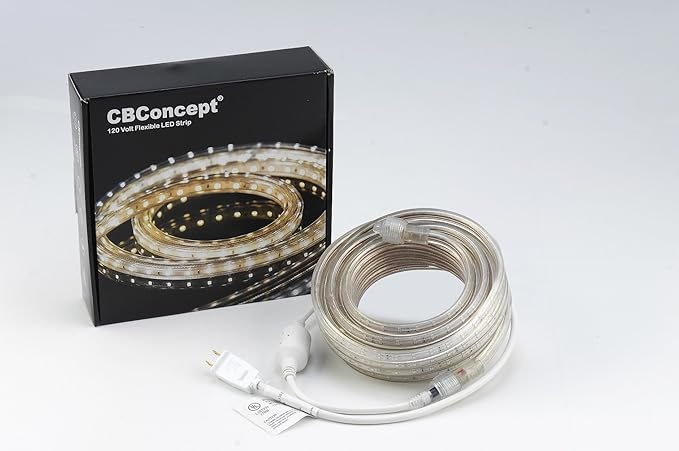 CBconcept UL Listed, 13 Feet, 1400 Lumen, 6000K Pure White, Dimmable, 110-120V AC Flexible Flat LED Strip Rope Light, 240 Units 3528 SMD LEDs, Indoor Outdoor Use, Accessories Included, Ready to use