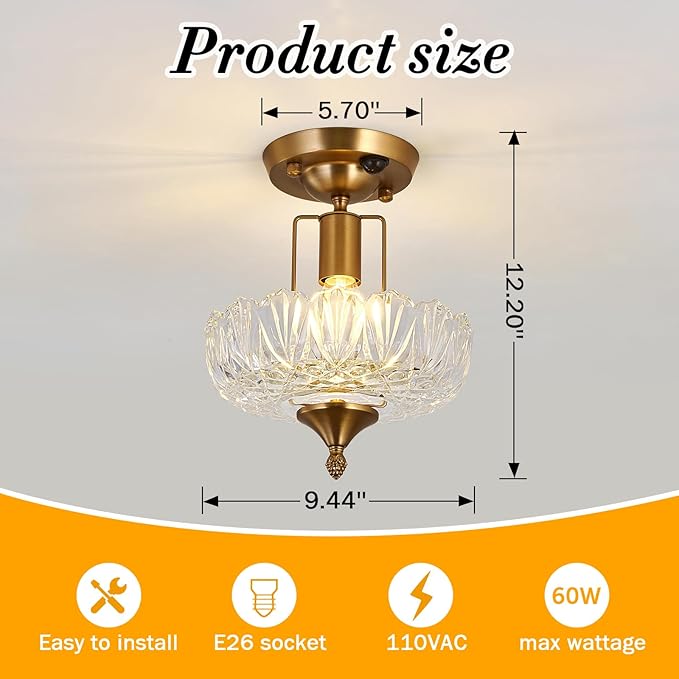 UOFUS Motion Sensor Semi Flush Mount Ceiling Light Gold Hallway Light Fixture with Clear Glass Indoor Small Chandelier for Hallway Entryway Porch Foyer Corridor