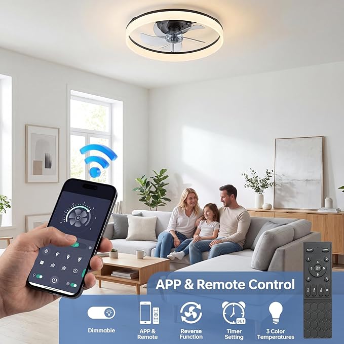 20'' Ceiling Fan with Light,Low Profile Flush Ceiling Fan, 6 Speeds, Dimmable LED, Remote Control, Quiet DC Motor, Bladeless Flush Mount Fixtures for Bedroom, Living Room,DM104-H Black
