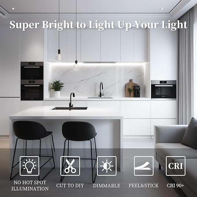 iNextStation 16.4ft/5M 6000K White COB Light Strip, DC12V CRI 93+ LED Strip Light, 8mm Width LED Tape Lights, Flexible LED Light TV Backlight, Outdoor, Bedroom, Mirror, Home Lighting Decor(No Plug)