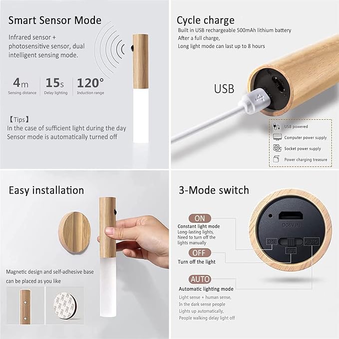 Rechargeable Battery Night Light Motion Sensor Set of 2 LED Wall Lights with 3-Modes Switch Wireless Portable USB Wall Sconces Mini Wood Stick Magnetic Lamp for Bedroom Bathroom Aisle Stairs