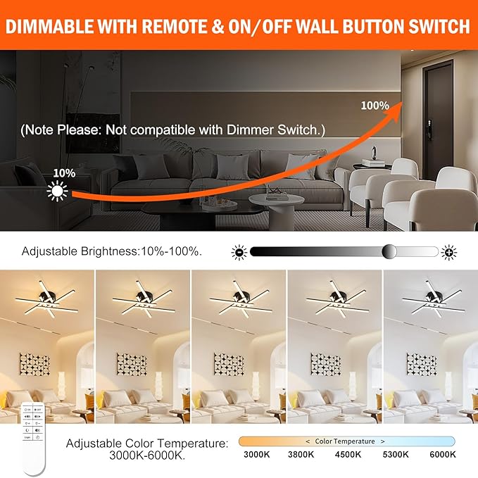 Modern LED Ceiling Lights - Dimmable with Remote, 24in Black Flush Mount Fixture for Living Room, Bedroom, Kitchen, Dining Room