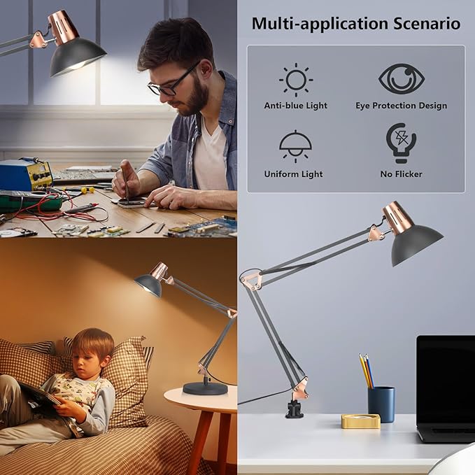 FIRVRE Black Retro Metal Swivel Arm Desk Lamp Adjustable Architect Morden Table Lamp High Task Lamp with Switch for Bedroom Study Room Home Office