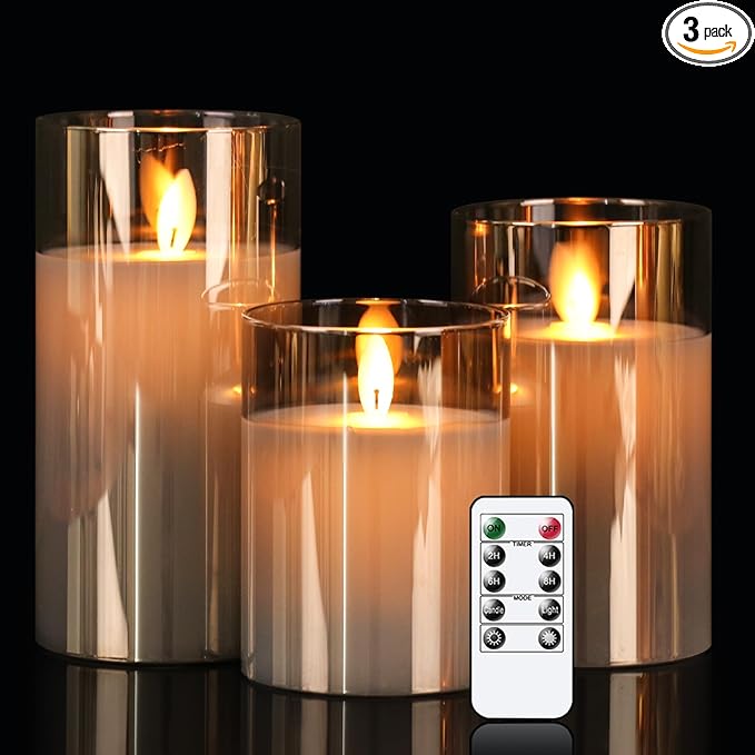 Glass Flameless Candles with Remote Timer, LED Battery Operated Candles with 3D Flickering Wick, Set of 3 Glass and Real Wax Pillar Candle for Halloween Christmas Wedding Home Decor