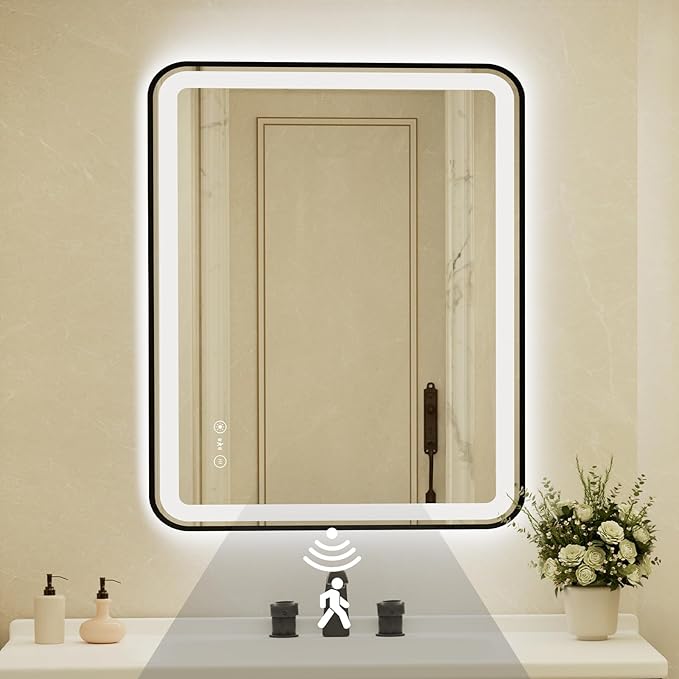 28x40 Inch Black Framed LED Bathroom Mirror with Lights,Smart Bathroom Mirror,Motion Sensor,Tempered Glass,Anti-Fog,Stepless Dimmable & 3 Colors,Memory,Vanity Mirror for Wall