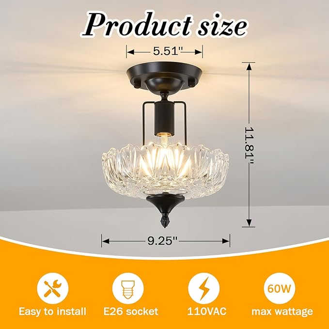 UOFUS Black Semi Flush Mount Ceiling Light Fixture with Clear Glass Shade Flower Small Chandelier Farmhouse Close to Ceiling Light for Hallway Entryway Bedroom Porch Foyer Corridor Kitchen
