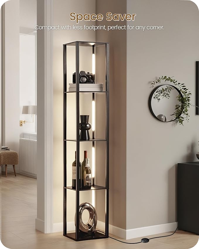 64.2" Display Shelf with Light, Modern Corner Floor Lamp with Shelves, LED Dimmable Standing Lamp with Remote for Living Room, Bedroom, Office, Adjustable CCT, Black Square B51LD05