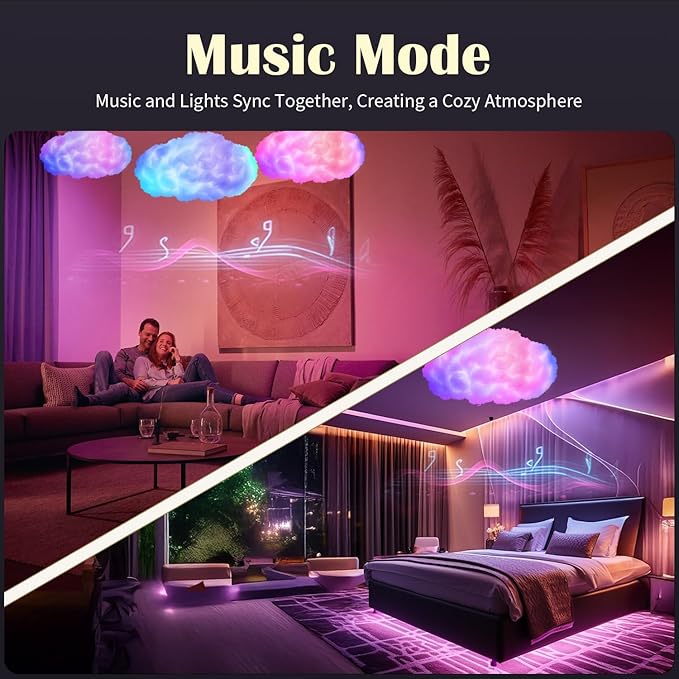 3D Cloud Lamp 2 Pack – 24 Inch Cotton LED Mood Lights, APP & Remote Controlled, Music Sync, 16 Million Colors, USB Powered for Bedroom, Kids Room, Ceiling Hanging Decor