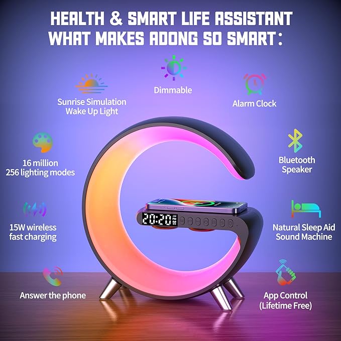 2026 New Smart Table Lamp with 4-in-1 Wireless Charger, Bluetooth Speaker, Alarm Clock, Night Light, App Control, for Bedroom, Office, Home Decor