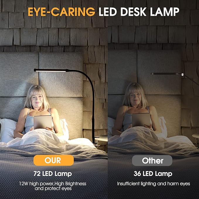 LED Desk Lamp with Clamp, Eye-Caring Clip on Lights for Home Office, 3 Modes 10 Brightness, Long Flexible Goose-Neck, Metal, Swing Arm Architect Task Table Lamps with USB Adapter, White