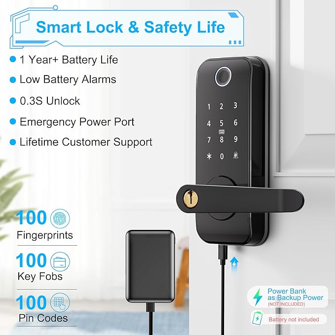 Keyless Entry Fingerprint Smart Door Lock with Handle,Digital Electronic Lock with Touchscreen Keypad,Electric Door Knob for Exterior Interior Entry/Bedroom Front Doors,Built-in WiFi