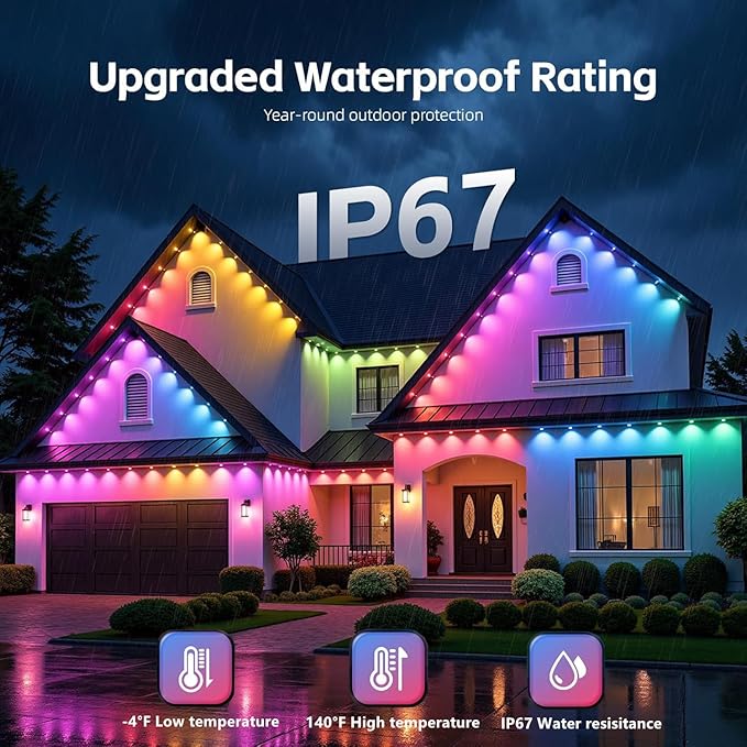 Permanent Outdoor Lights,100ft RGB + IC Smart LED Eaves Lights with App & Remote Control, IP67 Waterproof,for Christmas and All Holiday Decor,Daily and Accent Lighting,House Roof and Garden Lighting