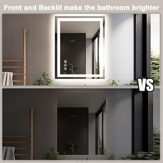 28"x36" LED Bathroom Mirrors for Wall, Front and Backlit Mirror, Anti-Fog Vanity Mirror with Lights, Stepless 3 Colors Dimmable Smart Lighted Mirror(Horizontal/Vertical)