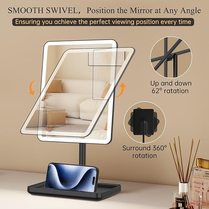 FUNTOUCH Vanity Mirror with Lights for Women Girls, Makeup Mirror Christmas Birthday Gifts for Adult Teen Kid,Detachable 10X Magnification for Vanity Desk Tabletop, Black