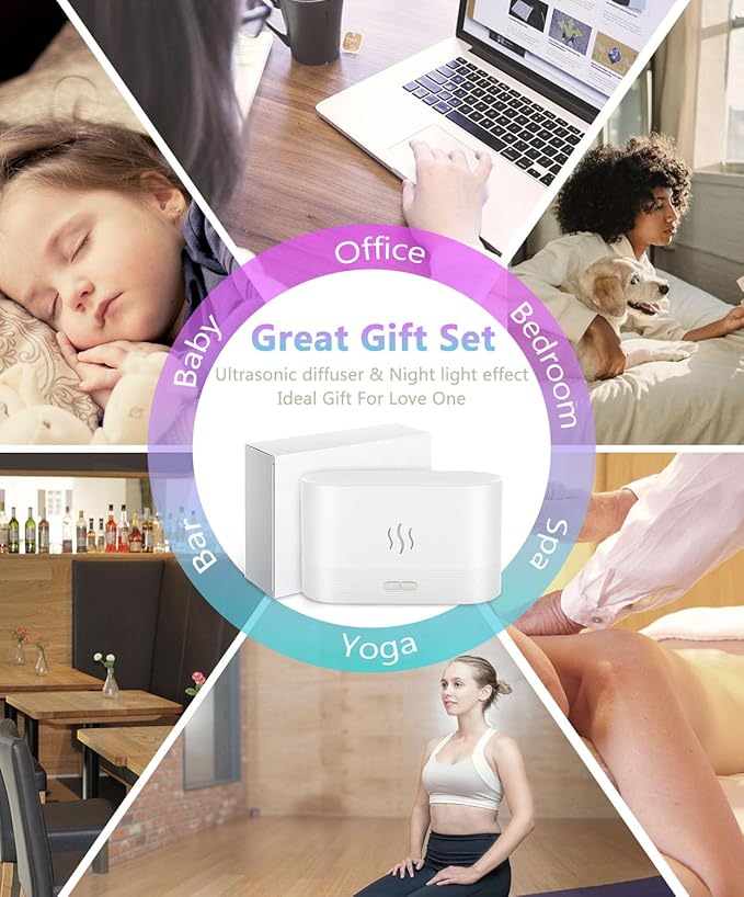 Air Humidifier, Essential Oil Diffuser with Led Flame Light - 7 Colors, 180mL Capacity (8 Hours), Noiseless Operation, Auto-Off Protection - Perfect for Home Bedroom Office Gifts(White)
