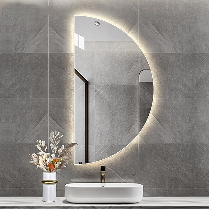 Half Moon LED Mirror for Bathroom,3-Color Dimmable Smart Vanity Mirror, Frameless Backlit Anti-Fog Half Moon Mirrors for Wall(Left Semicircle, 16 * 31in/40 * 80cm)