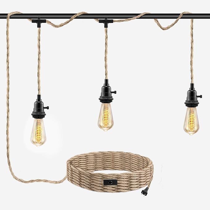 3 Light Plug in Pendant Light Cord, 25FT Hanging Lights with Plug in Cord, Hemp Rope Hanging Light Kit with 2 Way Switch, Farmhouse Pendant Light Kits DIY HangingLight