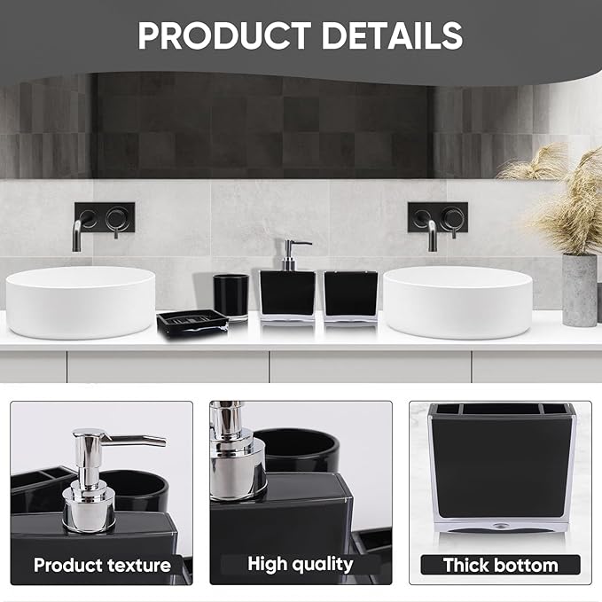 4-Piece Sleek Black Acrylic Bathroom Accessories Set — Soap Dispenser, Toothbrush Holder, Soap Dish & Mouthwash Cup, Vanity Countertop Organizer for Modern Black Bathroom Decor