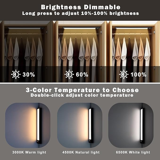 88 LED Motion Sensor Under Cabinet Lights, 3 Color Temps Indoor Dimmable Closet Light, Rechargeable Wireless Magnetic Strip Lights Night Light for Stairway, Drawers, Wardrobe(2 Pack, 12.7 inch)