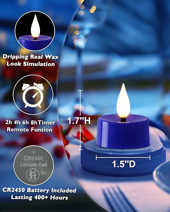Amagic Flameless Blue Timer Remote Tealights Candles, 3D Black Wick Flickering Tea Light, 300+Hour Colored Votive Candles Battery Operated, Set of 12 for Wedding, Theme Party, Aniversary, Halloween