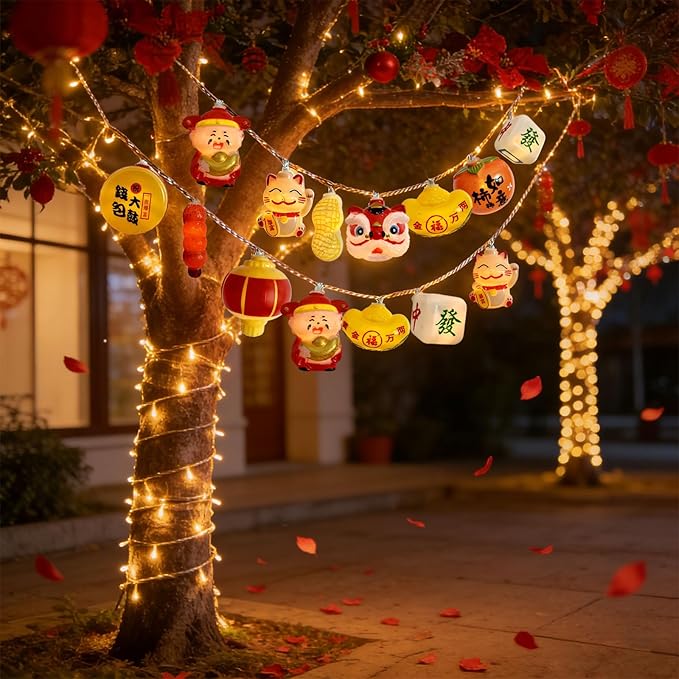 Chinese New Year LED Lights 10FT 20LED Spring Festival String Lights 2026 Chinese Lunar Decorations with 10 Lucky 3D Patterns Battery Operated 2 Lighting Modes for Chinese New Year Housewarming Decor