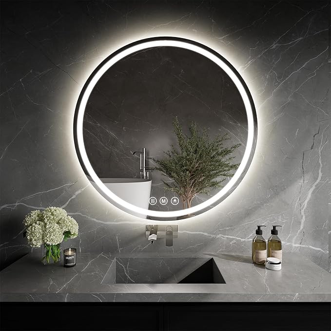 LED Bathroom Mirror 24 Inch Round Bathroom Mirror with Lights, Circle LED Mirror, Wall Mounted Lighted Bathroom with 3 Colors Brightness, Anti-Fog, Dimmable, Shatter-Proof