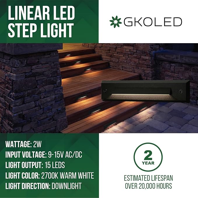 GKOLED 2-Pack Low Voltage 9-15V AC/DC LED Linear Step Lights, 2W Landscape Cutoff Stair Riser Light, Outdoor Waterproof Accent Lighting Fixtures, Die-cast Aluminum with Black Powder Coated Finish