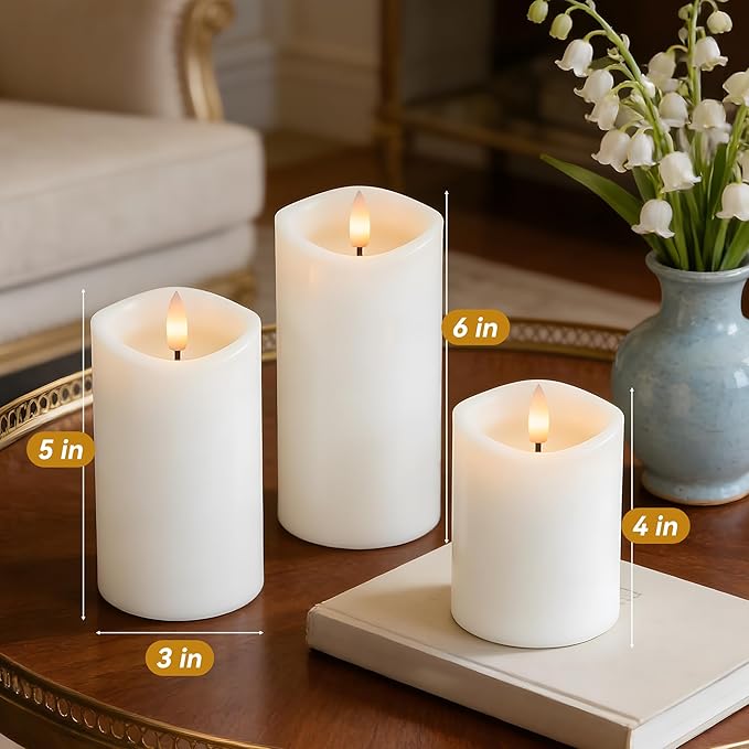 Rechargeable Flickering Flameless Candles Melted Edge Battery Operated with Remote and Timer, Real Wax LED USB Type-C Pillar Candles, Set of 3 (3" x 4",5",6"), White,Spring Home Decor