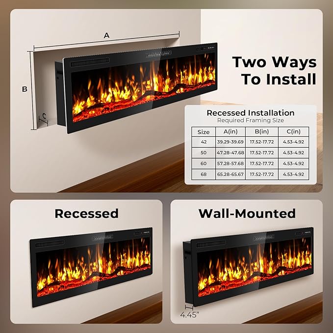 60" Smart WiFi Electric Fireplace with Sound Crackling Narrow Bezel Recessed and Wall Mounted Fireplace Heater with App, Remote Control, Log Flame Option, 750/1500W