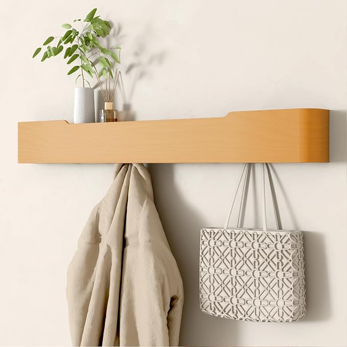 Coat Rack Wall Mount Entryway Organizer Modern Key Holder Wall Mount with Wooden Shelf Entryway Hooks for Bedroom Kitchen Hallway Bathroom for Hanging Coats Hats Dog Leashes Bags Towels