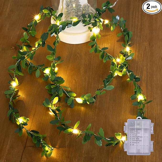 String Lights 2 Pack Artificial Ivy Vines with Lights 8 Light Modes Each 6.5Ft 20 LED Fake Vines with Fairy Lights Green Leaves Vines String Lights for Bedroom Room Garden Party Decor
