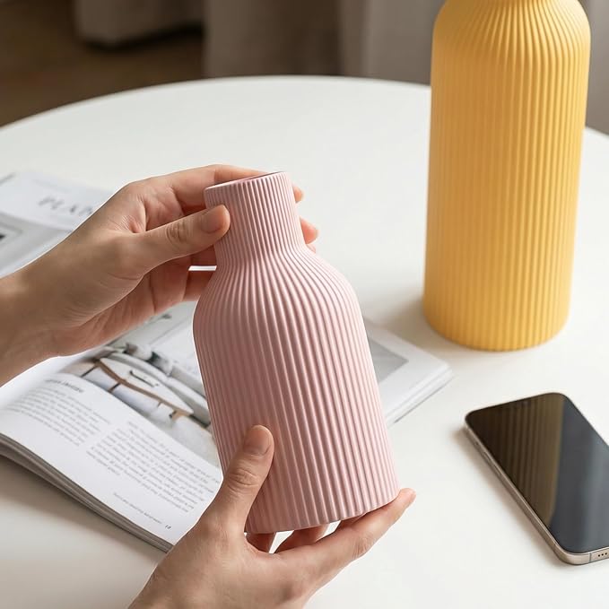 Colorful Ceramic Vases Set of 3 (Pink, Blue, Yellow) - Modern Matte Ribbed Color-Block Vases for Dried Flowers - Scandi Boho Decor Centerpieces for Living Room & Shelf