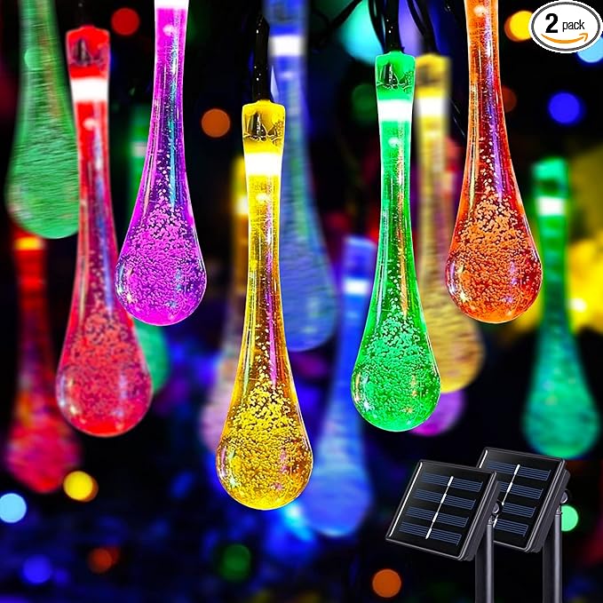 JMEXSUSS 2 Pack Solar String Lights Outdoor Waterproof, Total 41.6FT 60 LED Teardrop Water Drop Solar Lights, Multi Colored Christmas Lights for Outside Garden Patio Yard Tree Christmas Decorations