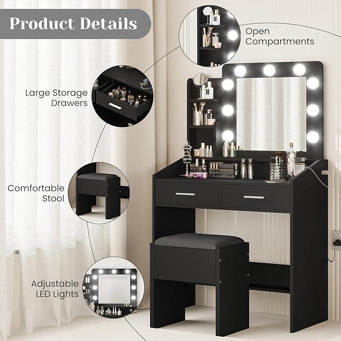 Vanity Desk with Lights and Mirror - Makeup Vanity Set with Power Outlet & USB Ports, 3 Lighting Modes, Adjustable Brightness, Includes 2 Drawers and Cushioned Stool, Small Dressing Table for Bedroom