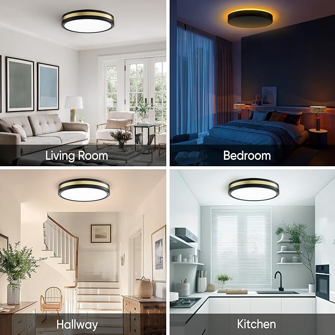 15 Inch Flush Mount Black Gold LED Ceiling Light with Night Light, 5CCT Modern, 35W 3500LM 2700K-6500K Adjustable, Dimmable for Bedroom Hallway, ETL